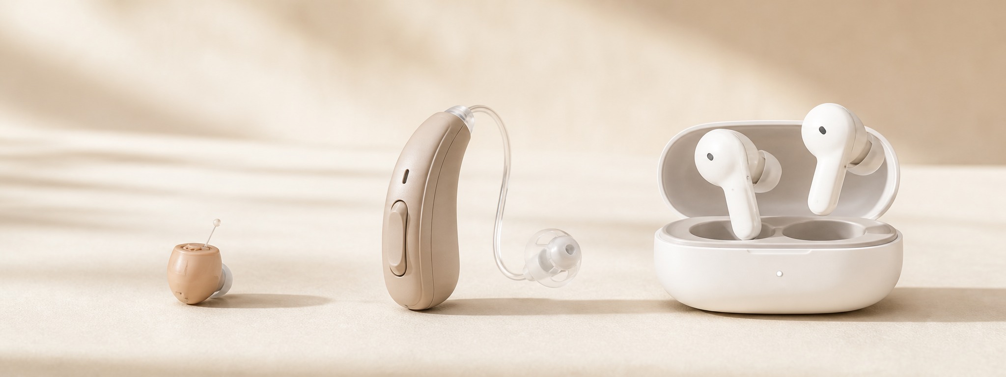 Cost Plus Hearing Invisible, Behind-the-Ear, and Earbud models side by side