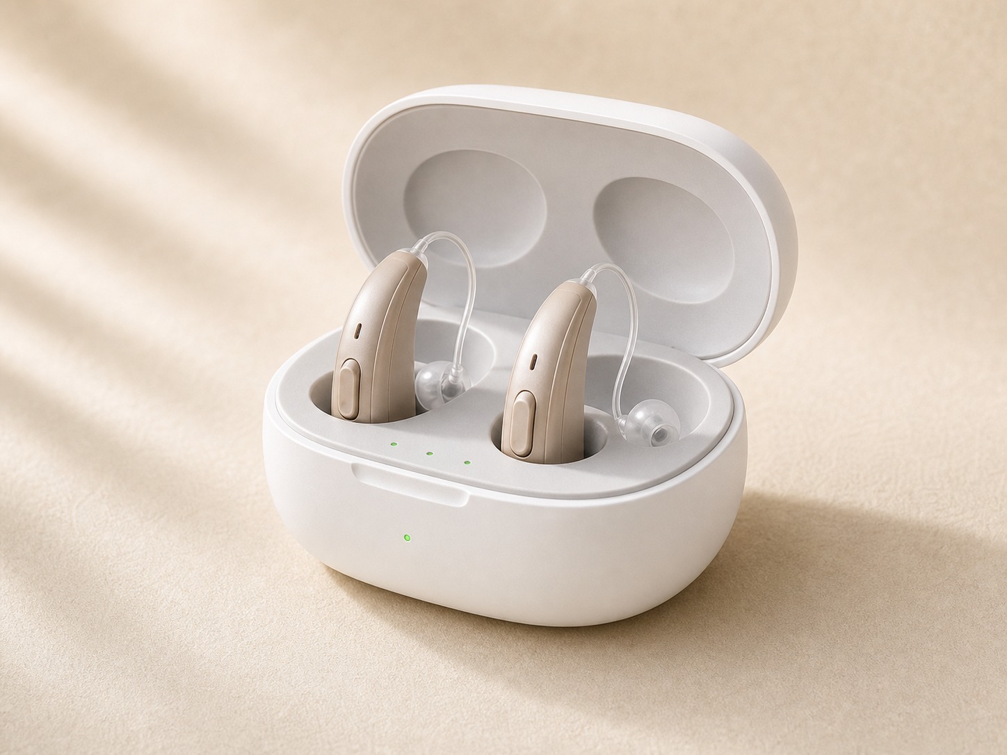 Cost Plus Behind-the-Ear Hearing Aids in beige with charging case