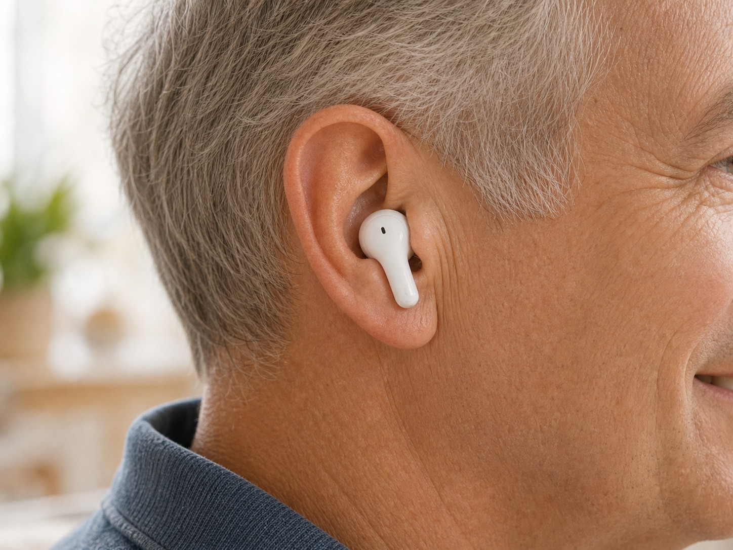 Cost Plus Earbud Hearing Aids worn on person, AirPod-style