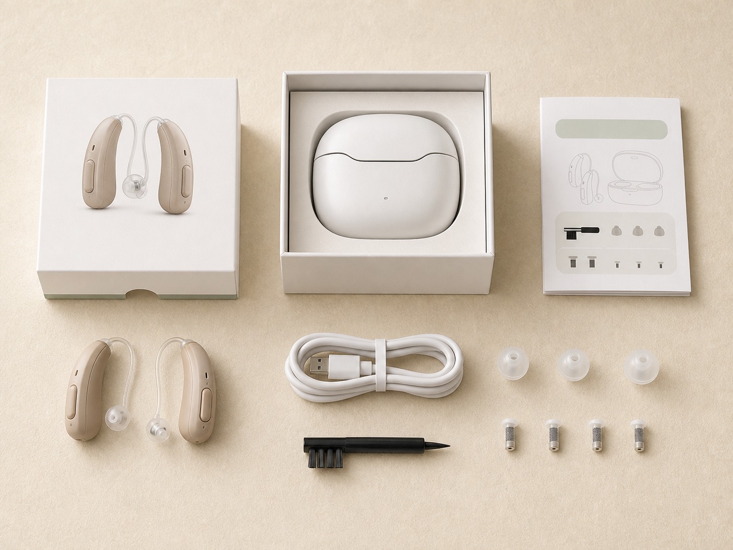 Cost Plus Hearing unboxing — hearing aids, charging case, domes, cleaning brush, cable, and printed guide