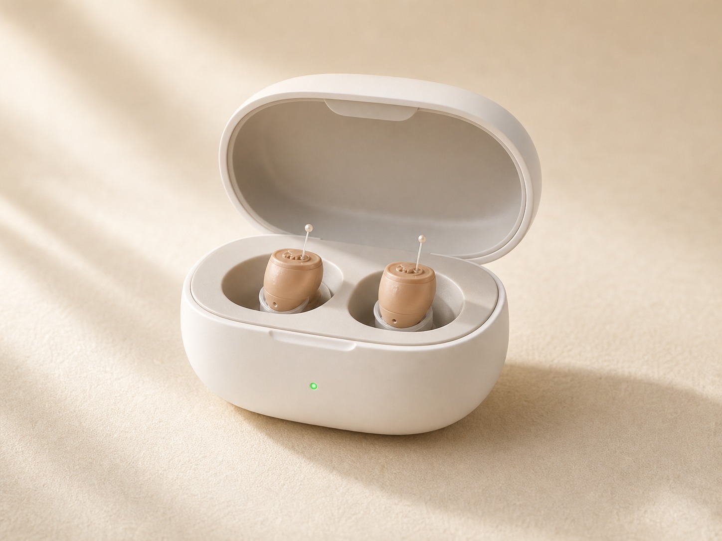 Cost Plus Invisible Hearing Aids in their charging case