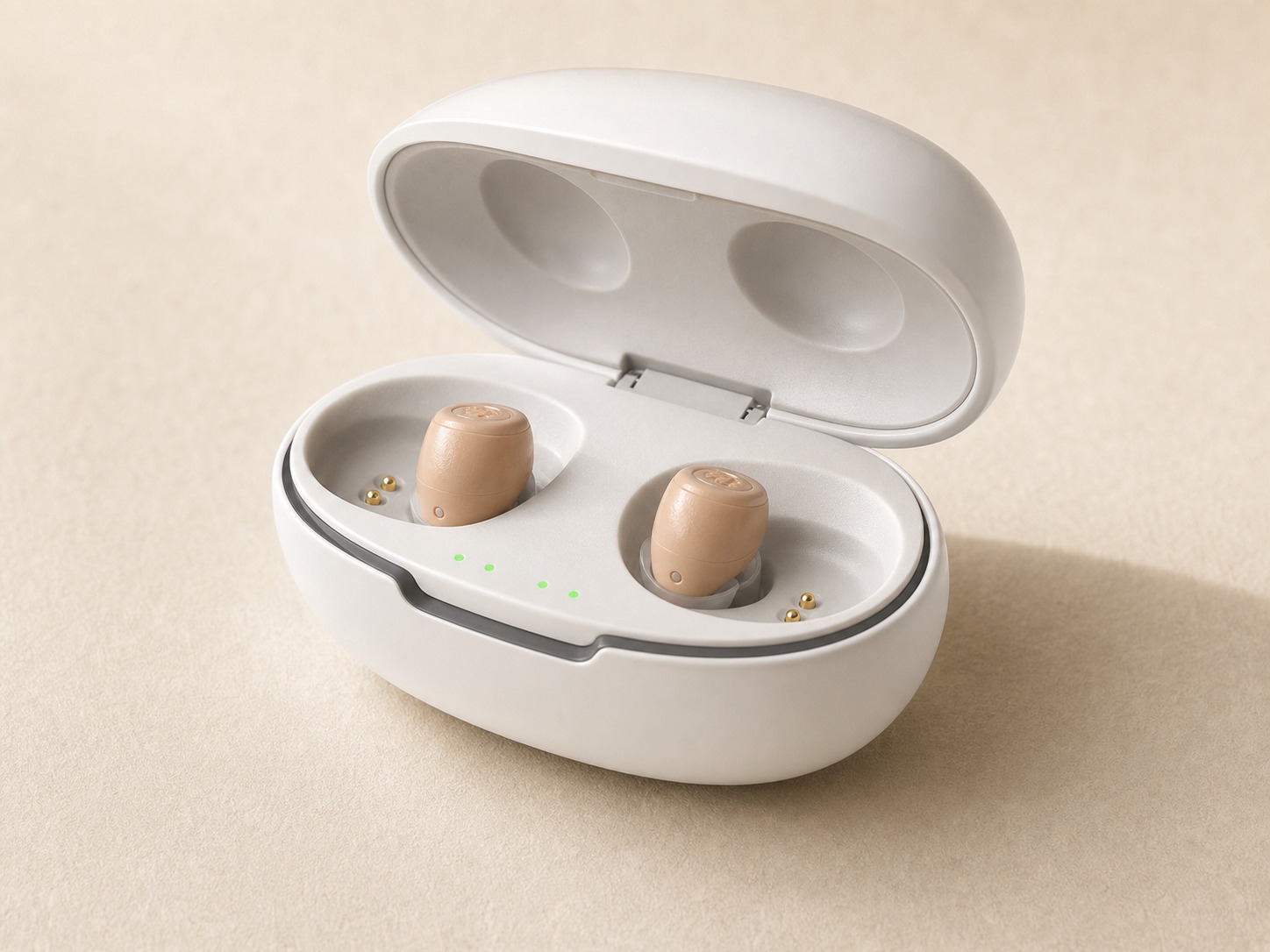 Cost Plus Invisible Hearing Aids in their open charging case