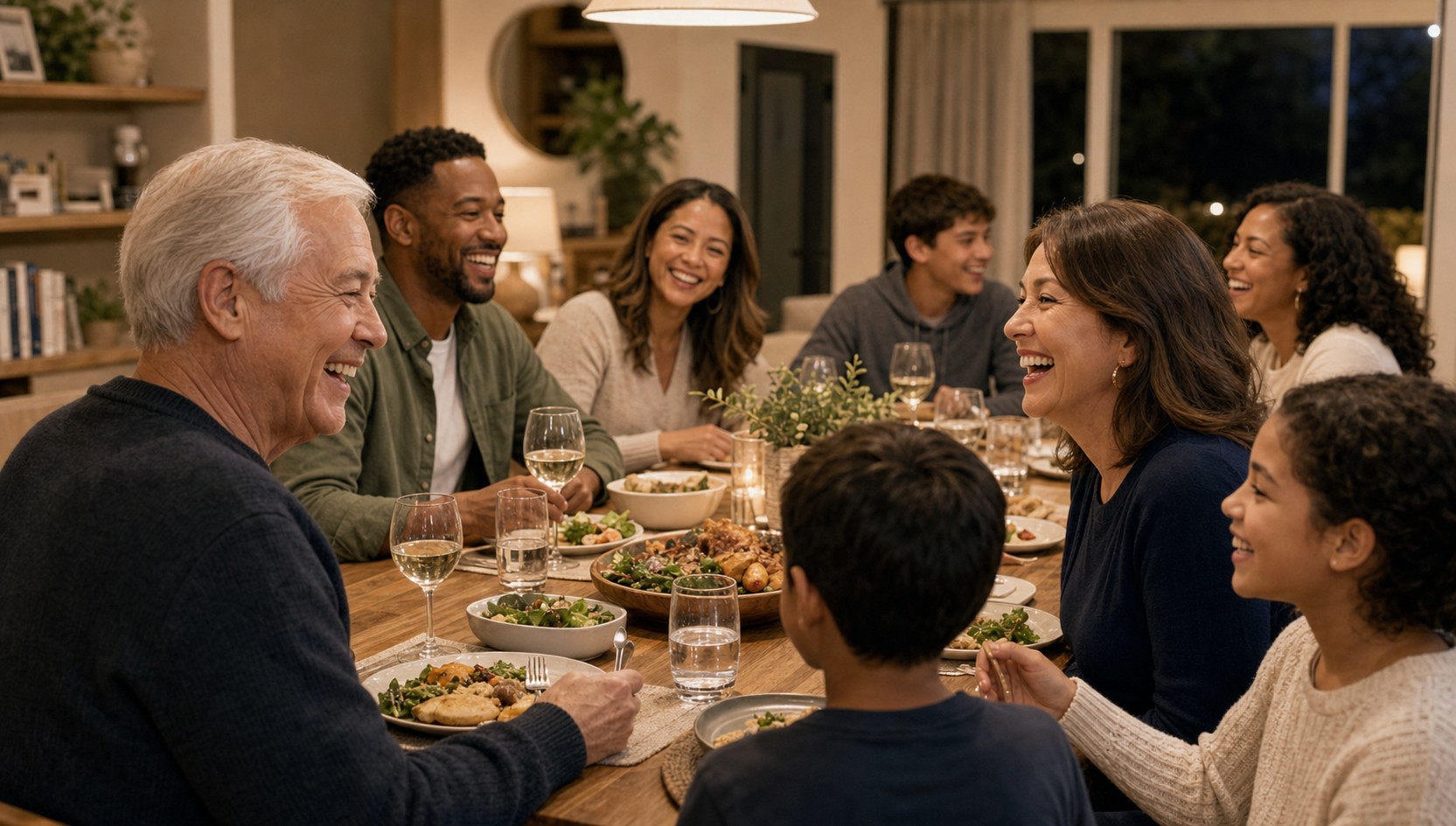 Multi-generational family dinner — grandfather hearing every story
