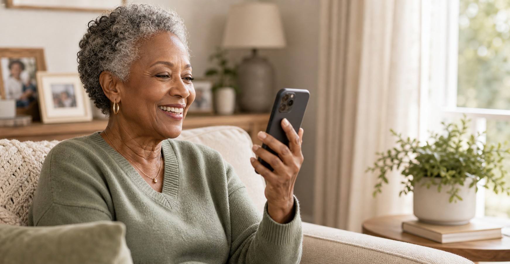 Older woman happily on a phone call, hearing every word