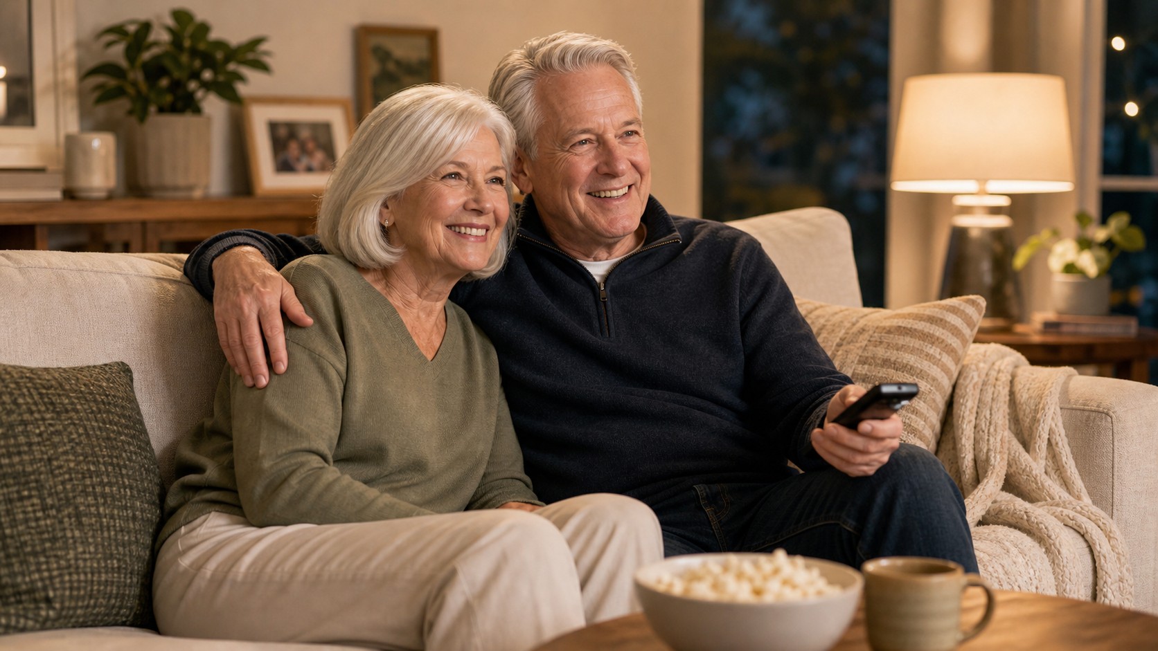 Older couple watching TV together at normal volume