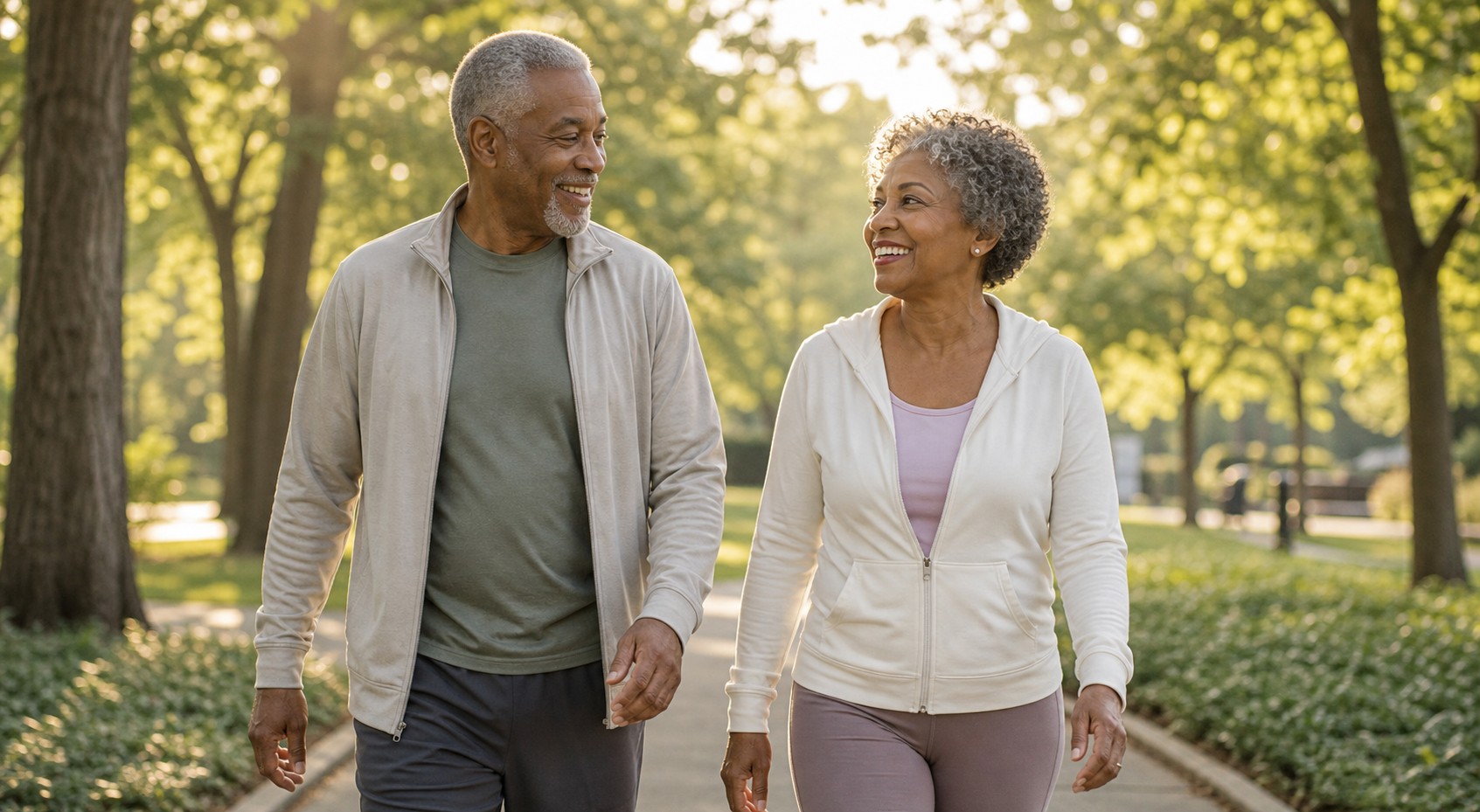 Older couple walking outdoors holding hands