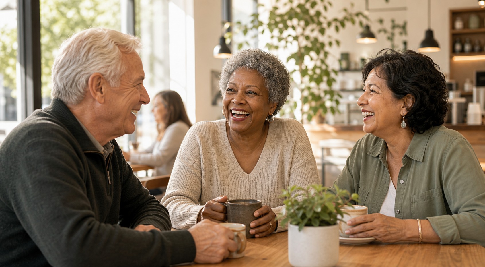 Three older friends laughing over coffee at a sunny cafe